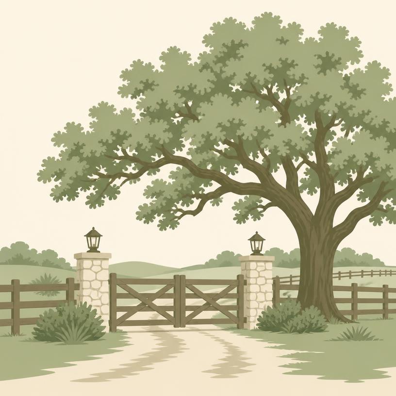 Illustration of an Argyle ranch gate and oak tree