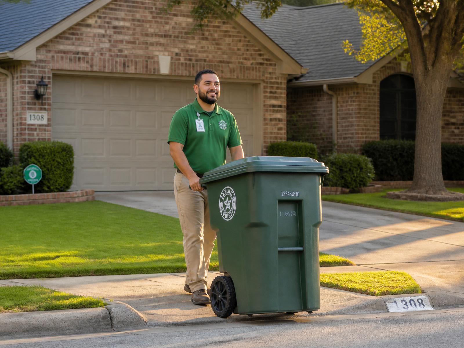 A ReadyBinService team member rolling a green municipal trash cart to the curb outside a Texas suburban home